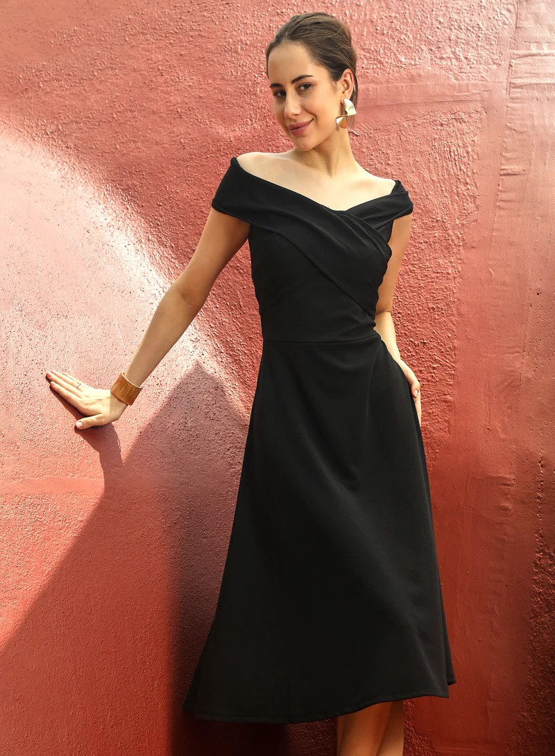 بينيا كولادا Women's Onyx Black Criss-Cross Midi Dress For Casual Wear | Off-Shoulder | Short Sleeve | Pull On Closure | Dress Designed With Comfortable Fit For Woman & Girls